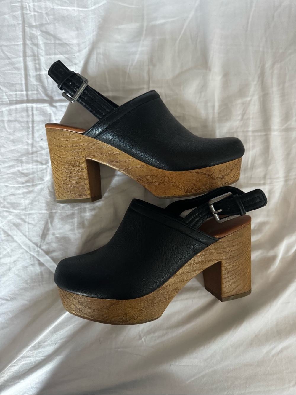 Universal Thread Black Leather Slingback Clogs with Wood Platform - wide